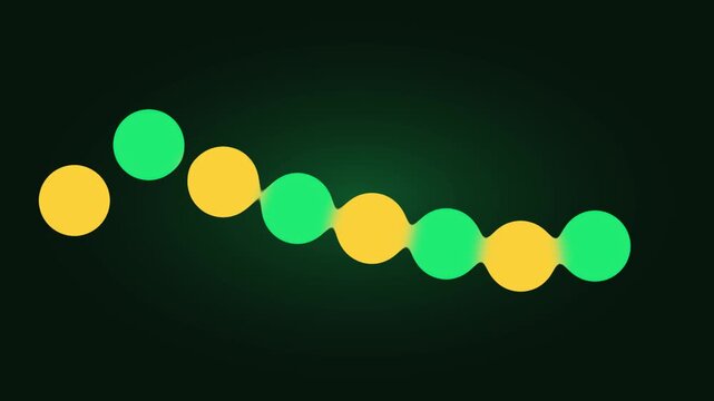 Abstract liquid motion with interconnected yellow and green circles on dark animation 4k background fluid