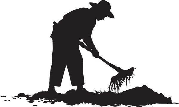 Silhouette of a man digging with a shovel, wearing a hat
