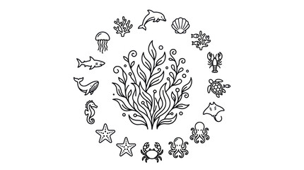 Circular marine life icon set around seaweed. © ULFAITA