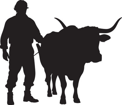 Silhouette of a man leading a bull or ox with a stick cattle