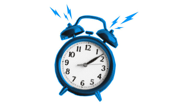Retro blue pop art style alarm clock ringing with lightning bolts on black background