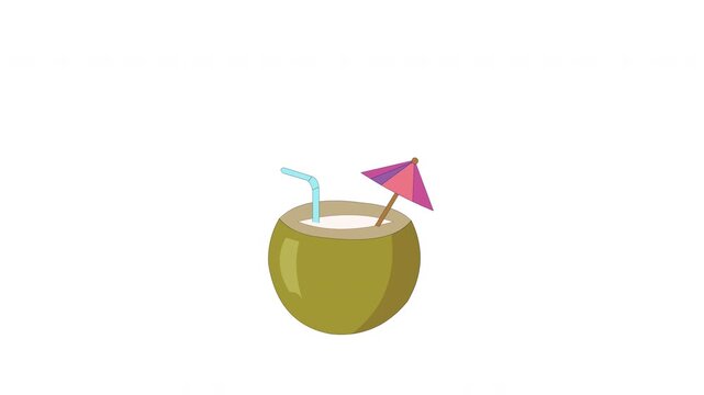 Fresh tropical coconut drink with straw and umbrella isolated on white background