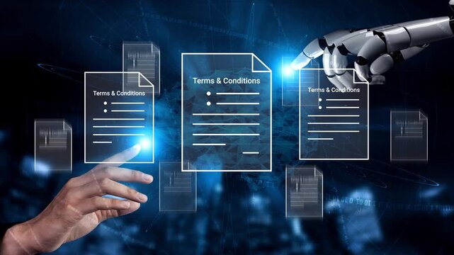 Futuristic Interaction Between Human Hand and Robot Arm with Digital Documents Displaying Terms and Conditions in a Technological Environment Gluon.