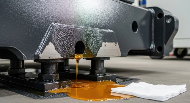 metal machinery leaking oil onto floor with white cloth and industrial setting