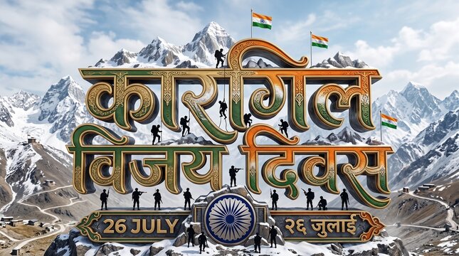 Promotional concept for Kargil Vijay Diwas hindi typography with victory, saluting and celebrating banner design.
