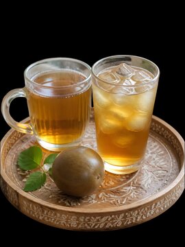 A striking fine art photograph showcasing a beautiful wellness pairing of authentic 'Monk Fruit Tea,' featuring a warm herbal brew in a glass mug alongside a refreshing iced Luo Han Guo drink