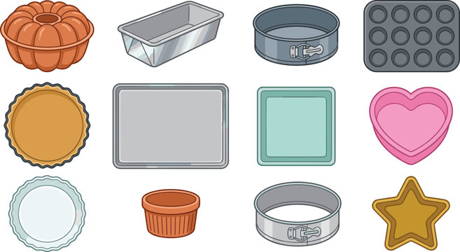 Baking pan and cake mold vector collection featuring loaf tins muffin trays pie dishes springform pans and bakeware essentials