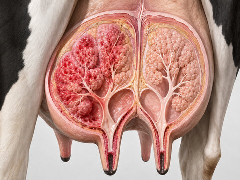 Veterinary medical illustration of a dairy cow udder cross-section demonstrating healthy tissue versus mastitis inflammation