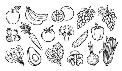 Fototapeta premium Hand Drawn Healthy Fruits and Vegetables Outline Vector Set
