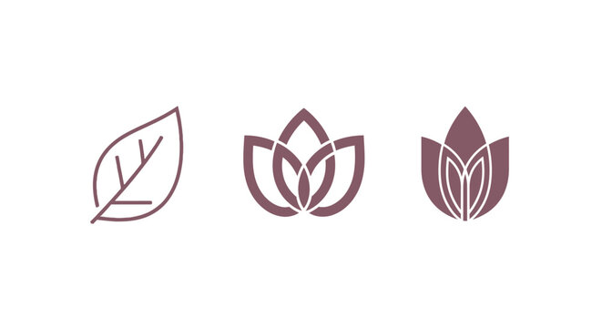Elegant minimalist leaf and lotus flower icons set.