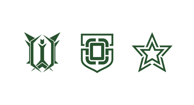 Three green emblem designs with shield star and sword symbols.
