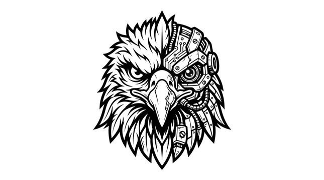 Eagle head with robotic eye and mechanical parts illustration.