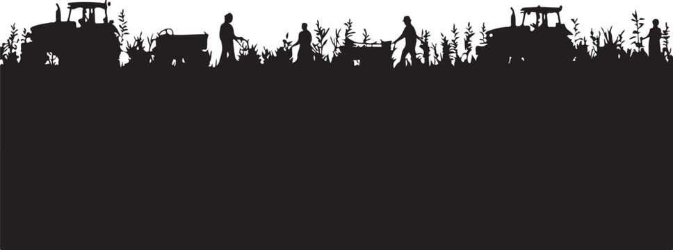 Silhouette of farm workers with tractors and plants
