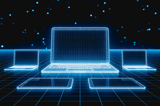 3D wireframe models of laptops and tablets displayed on a digital grid in a futuristic virtual space.