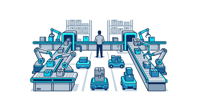 Automated warehouse with industrial robotic arms and human worker