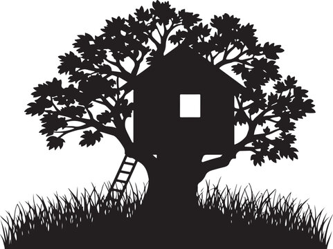Treehouse silhouette, black treehouse in grass with ladder