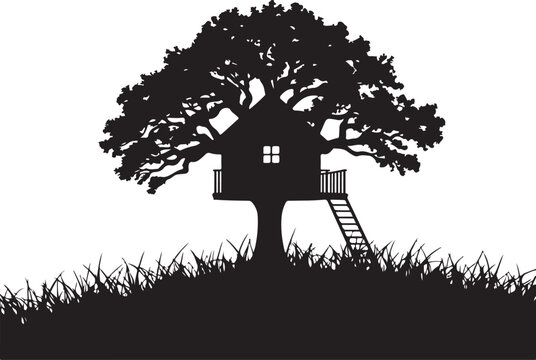 Treehouse silhouette, black treehouse on a hill