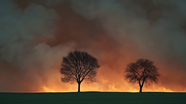 Intense wildfire consuming a group of trees with flames rising high surrounded by dense smoke and ash clouds