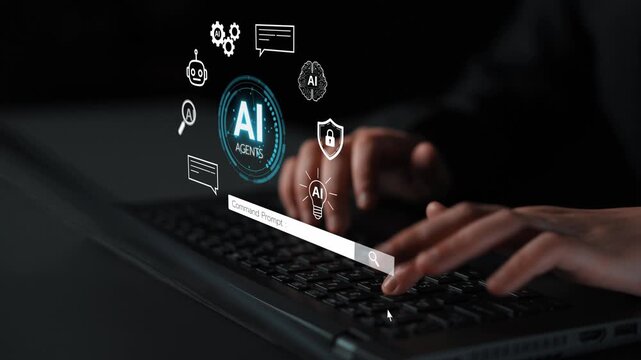 Hands using laptop with artificial intelligence icons and digital symbols representing innovation, technology, and secure payment processes for modern applications. Entropy.
