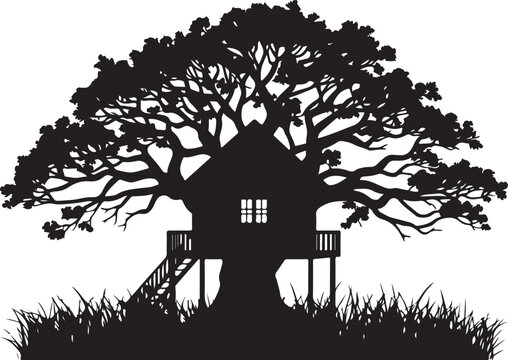 Treehouse silhouette, elevated house with staircase and black