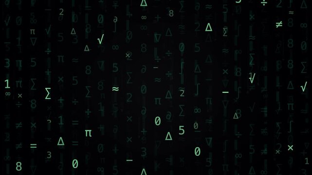Green Mathematical Symbols Falling Vertically in a Matrix Style Digital Rain