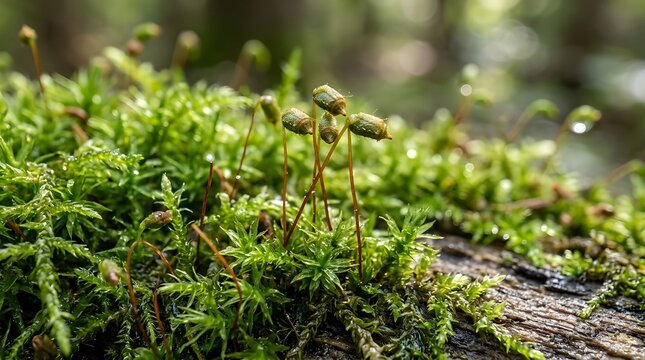Macro Shot of Moss Sporophytes Growing on Forest Floor