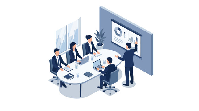 Business team meeting and presentation in modern office isometric illustration