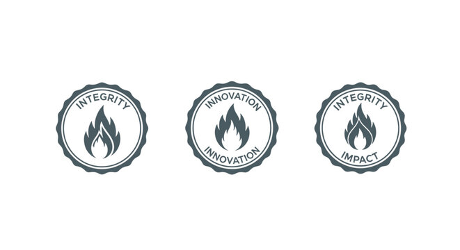 Three circular icons with flame symbols and text labels.
