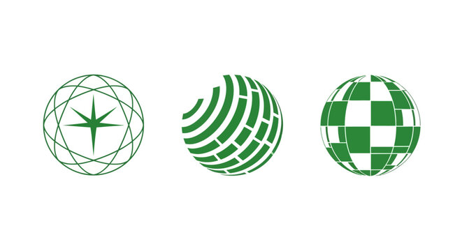 Three green geometric wireframe sphere designs.
