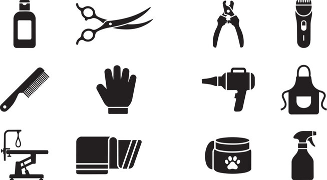 Pet grooming icons, black silhouette symbols, pet care signs, dog grooming tools