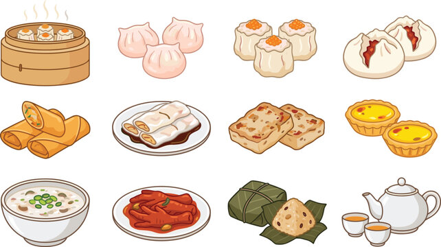 Chinese dim sum collection featuring dumplings spring rolls rice dumplings egg tarts congee and tea vector illustration set