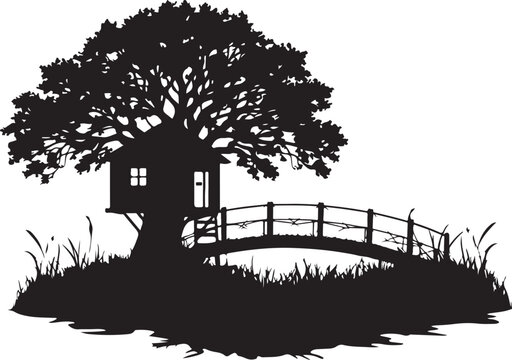 Treehouse with bridge, silhouette on white background, black