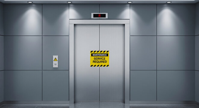 Out of order elevator with service required sign, broken lift doors in modern office building, maintenance and repair concept