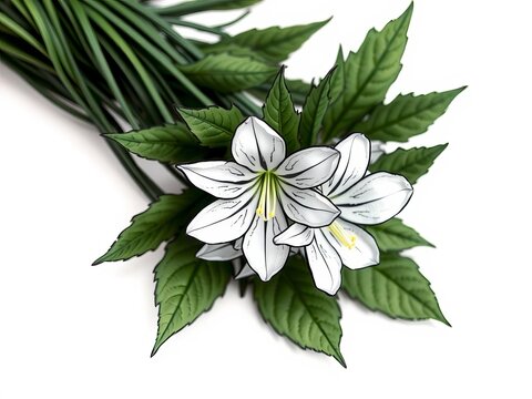 Bunch with outline bitterroot or lewisia rediviva flower and leaves in black isolated on white background, western United States, isolated