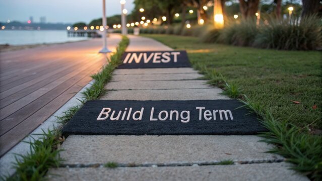 Inspirational pathway with motivational words in outdoor setting near water during twilight showcasing investment and growth principles