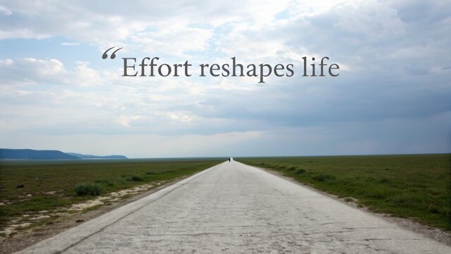 Inspirational quote on a lonely road under a cloudy sky symbolizing perseverance and the journey of self-discovery