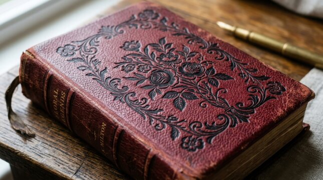 Close-up of red leather book with black floral design on cover