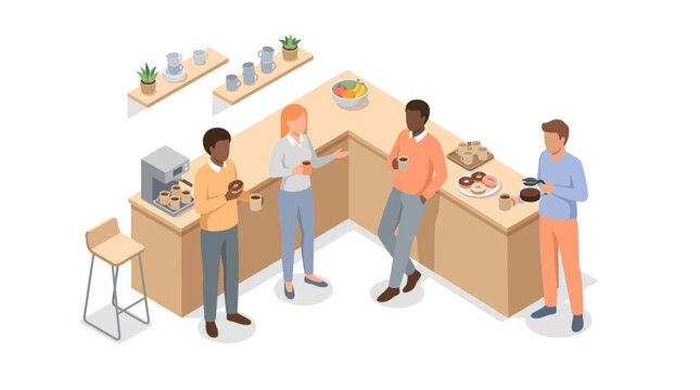 Diverse colleagues having a coffee break in office kitchen