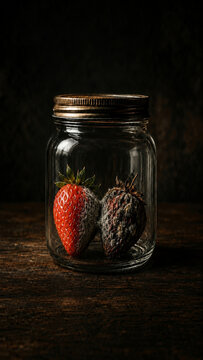 Vertical conceptual watercolor of a fresh and moldy strawberry inside a glass jar illustrating proverbs 13 20 scripture