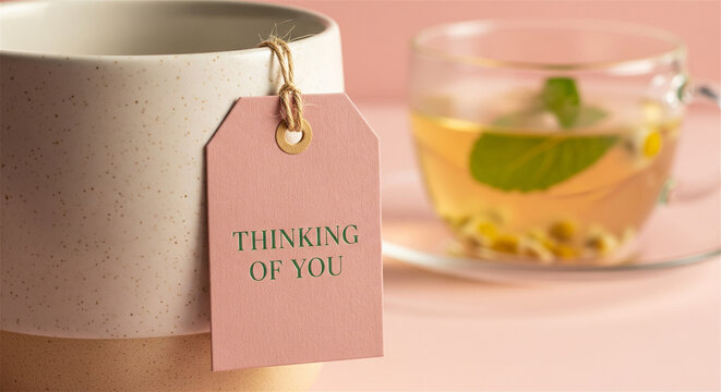 Thinking of You message on tea bag tag, ceramic mug with herbal chamomile tea, cozy wellness concept for sympathy or friendship
