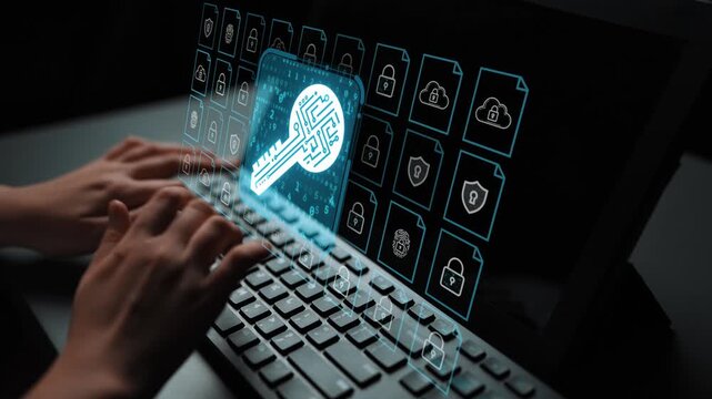 Hands Typing on a Keyboard with Digital Security Symbols and Encryption Icons Depicting Cybersecurity and Data Protection Concepts in a Modern Workspace. Entropy.