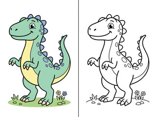 Cute cartoon dinosaur vector illustration featuring a friendly prehistoric creature in both full color and a simple black outline style © Kevin