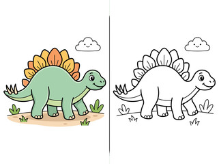 A cute green stegosaurus vector illustration featuring a colored version and a black and white outline for kids coloring activities. © Kevin