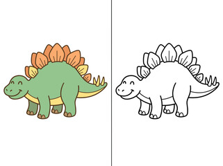 A cute green stegosaurus vector illustration design featuring a colorful version alongside a simple black and white line art outline © Kevin
