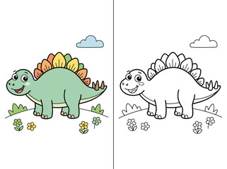 Colorful cartoon vector illustration of a happy green stegosaurus dinosaur paired with a simple black and white line art version © Kevin