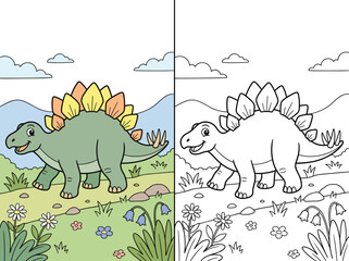 A cute stegosaurus vector illustration featuring flat colors and clean lines designed for children to color in their activity books © Kevin
