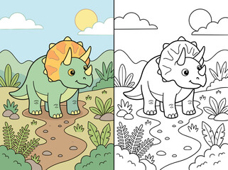 Colorful vector illustration of a cute triceratops dinosaur standing in a prehistoric landscape with simple flat shapes and bold lines. © Kevin