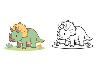 Cute triceratops vector illustration featuring a colorful dinosaur character alongside a simple black and white line art coloring page outline © Kevin