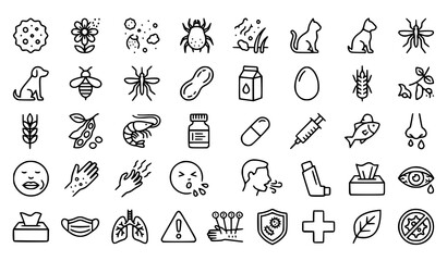 Naklejka premium Monochrome Allergy Outline Icon Set with Medical and Allergen Symbols Vector Collection