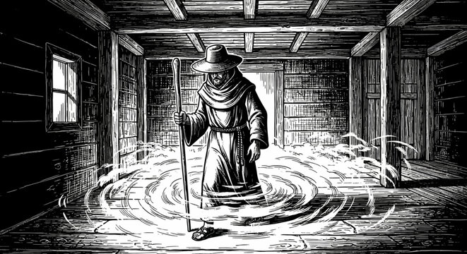 Mysterious cloaked figure in a dimly lit room.